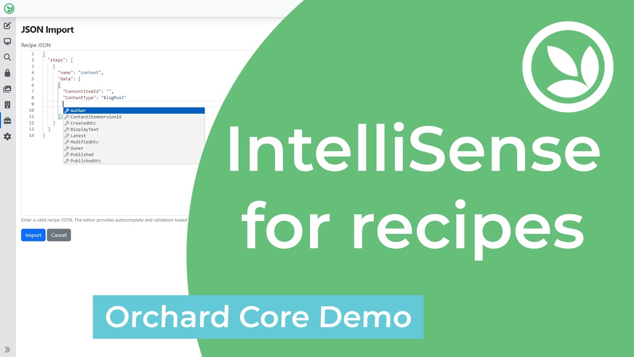Функция IntelliSense для рецептов — демонстрация Orchard Core