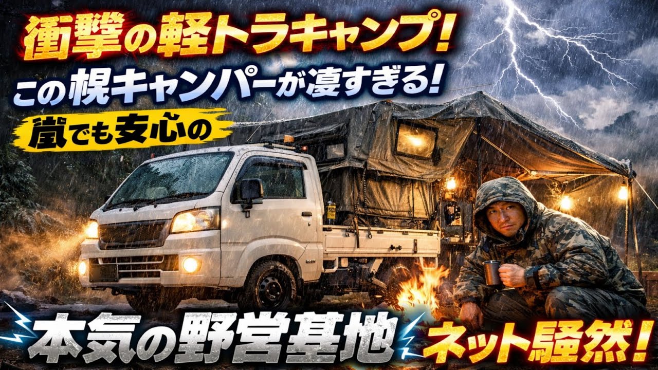 🔥🚚🏕️【衝撃の軽トラキャンプ】この幌キャンパーが凄すぎる！嵐でも安心の“本気の野営基地”にネット騒然⚡🌧️