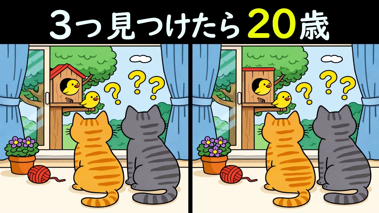 【間違い探しクイズ】どうやって登ったニャ！？🐱のイラストから３つの間違いわかったら天才❣認知症予防に最適の脳トレ！数分で脳がイキイキ活性化します🙆＜問457＞【毎朝6時更新】