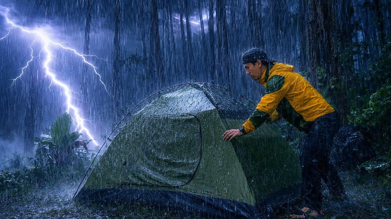CAMPING ALONE DURING HEAVY RAIN & THUNDER, HEAVY RAIN ALL DAY