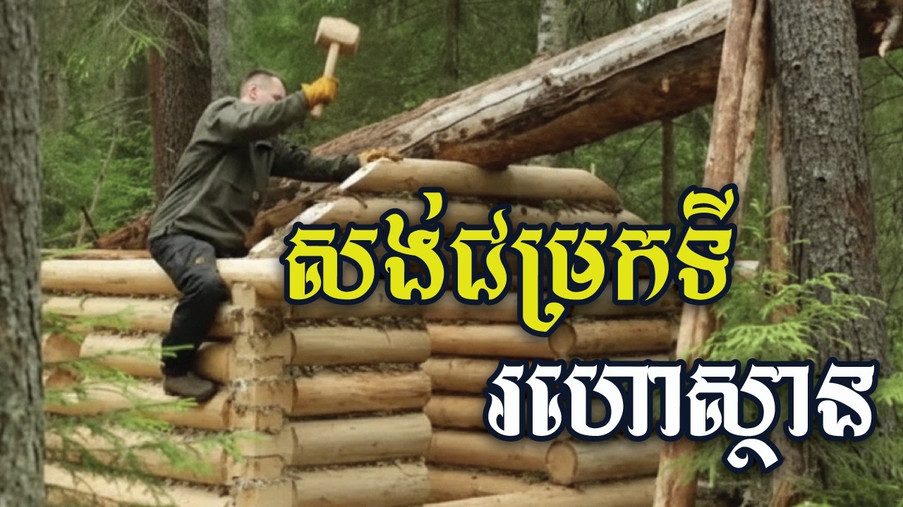 សាងសង់ជម្រកដោយផ្ទាល់ដៃ នៅទីរហោស្ថាន | Building a wilderness shelter from real natural wood