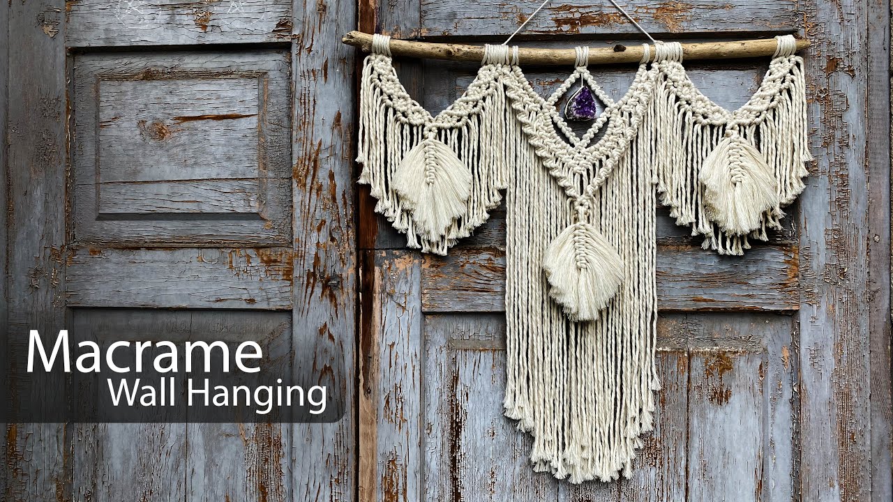 Bohemian Macrame Wall Hanging with Crystal & Feathers