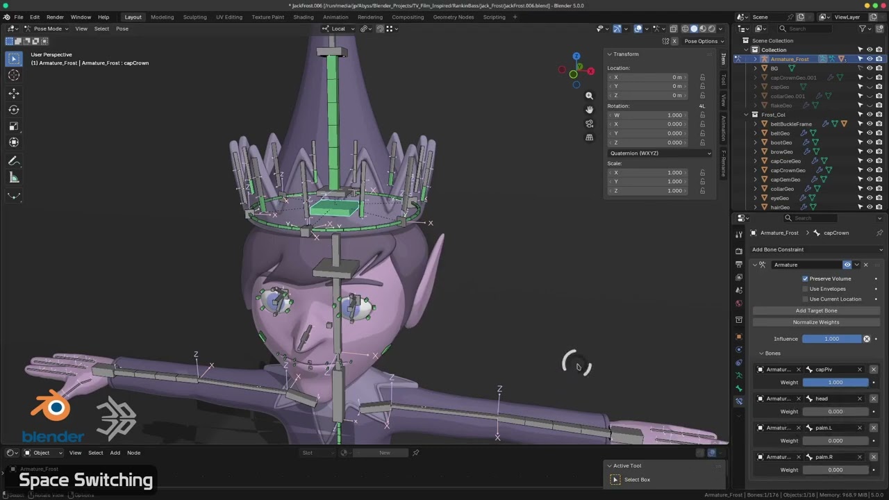 Переключение пространств с использованием ограничений арматуры в Blender