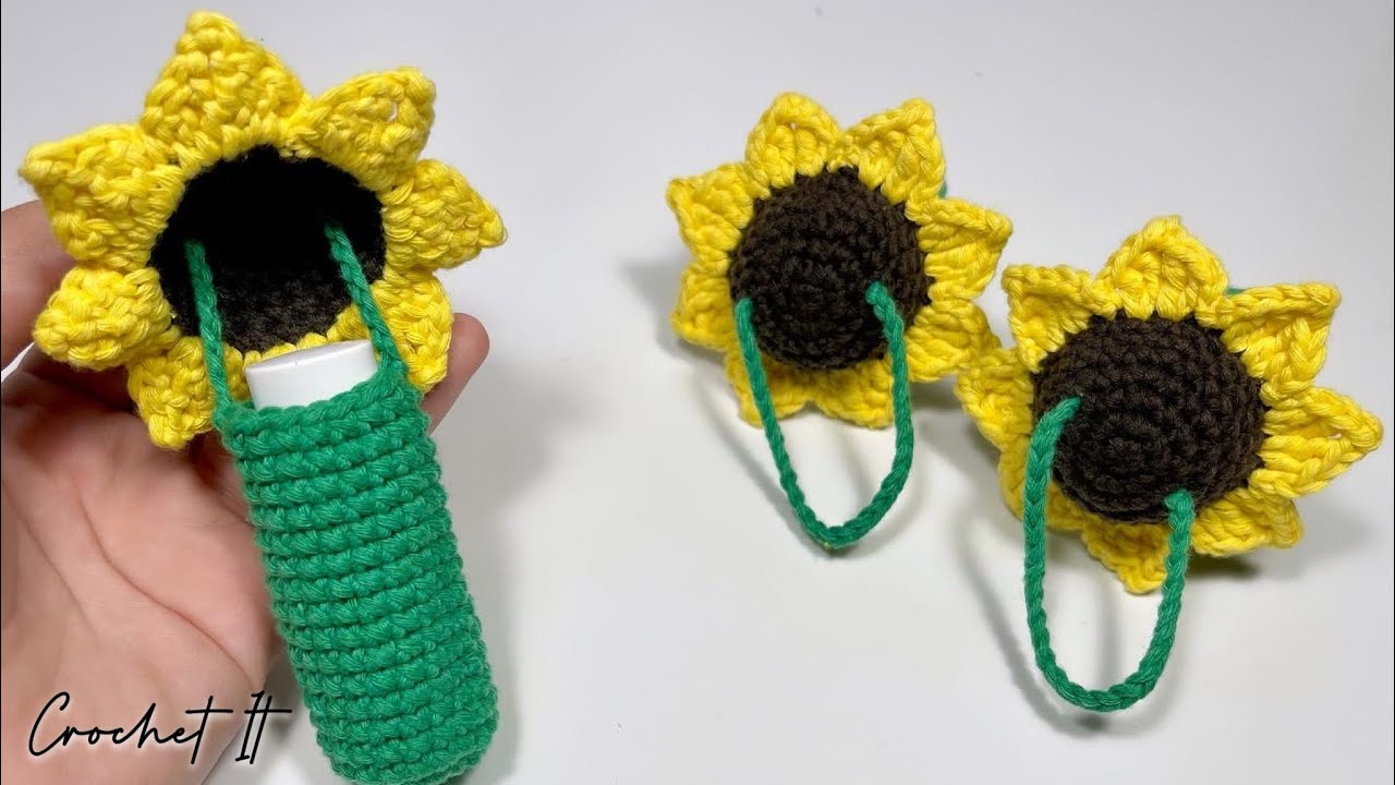 Crochet Sunflower Chapstick Holder🌻Tutorial🍃Subtitles Available 💬/ Chapstick, Money, Lighter…