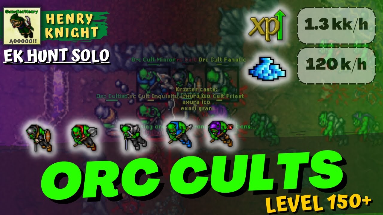 TIBIA: EK HUNT SOLO #133 ORC CULTS ( EDRON ) EK 150+