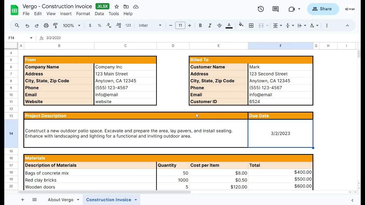 Vergo Construction Invoice Template in Google Sheets