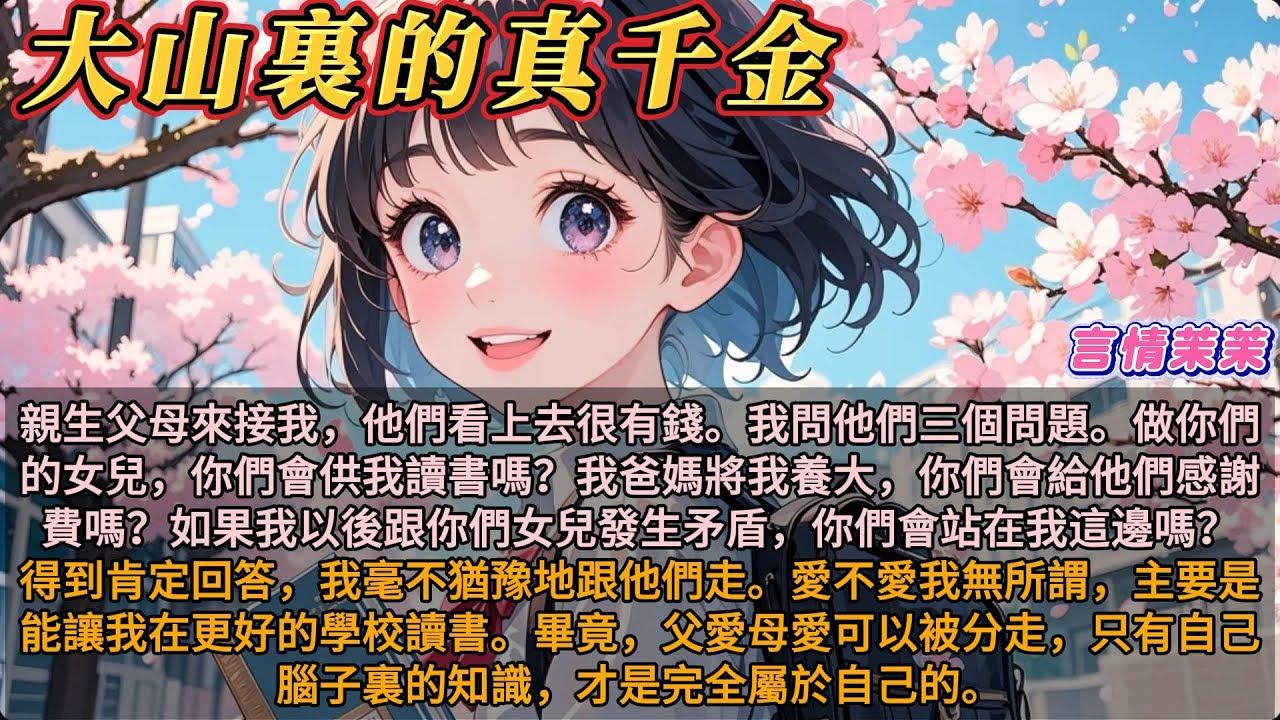 《大山裡的真千金》親生父母來接我，他們看上去很有錢。我問他們三個問題。你們會供我讀書嗎？我爸媽將我養大會給他們感謝費嗎？如果我跟你們女兒發生矛盾，你們會站在我這邊嗎？得到肯定回答，我毫不猶豫跟他們走了