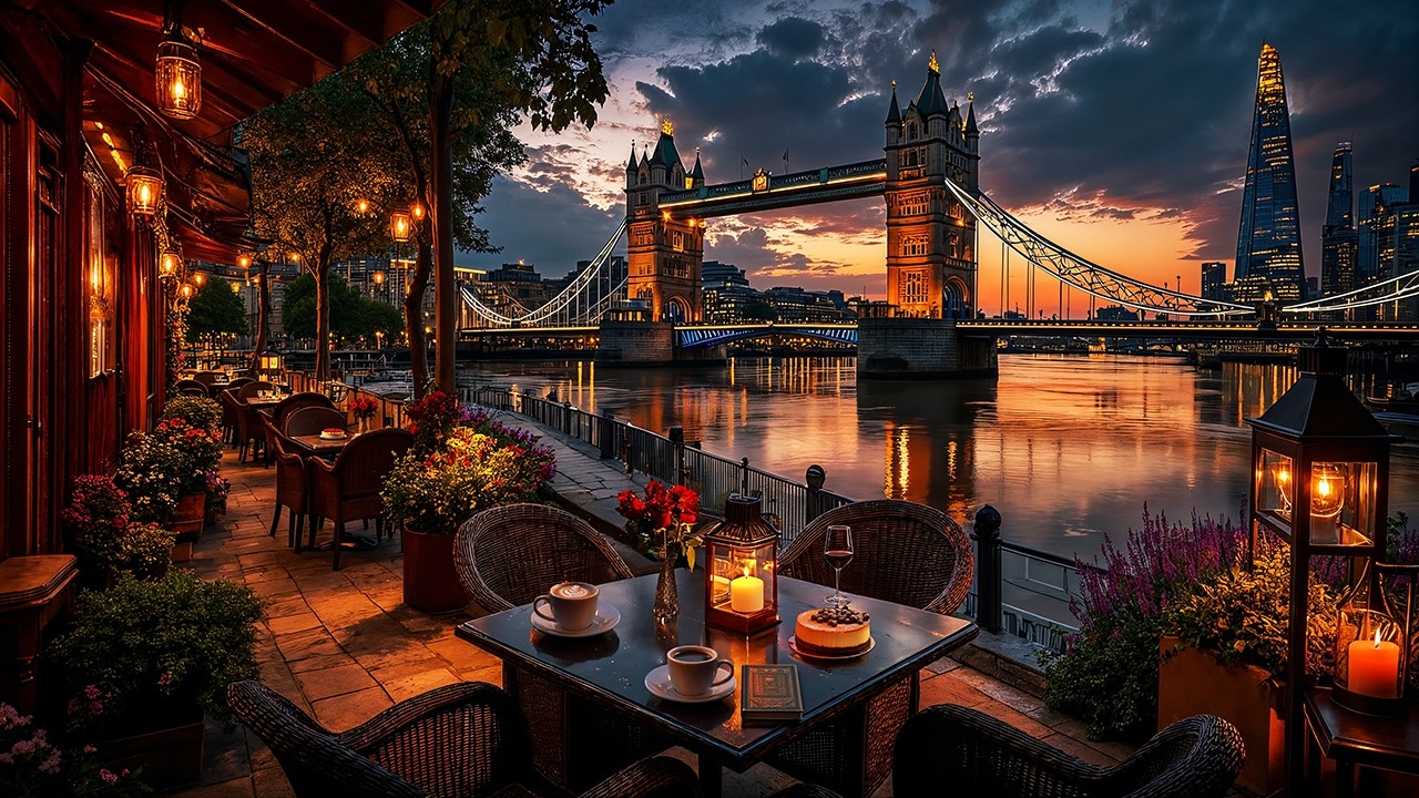 London Sunset Jazz ☕ Tower Bridge Riverside Café & Relaxing Jazz Instrumental for Study, Work