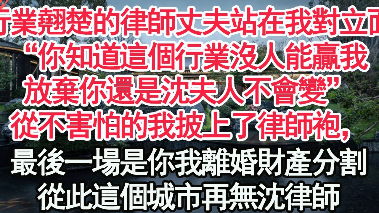 行業翹楚的律師丈夫站在我對立面，“你知道這個行業沒人能贏我，放棄你還是沈夫人不會變”從不害怕的我披上了律師袍，最後一場是你我離婚財產分割，從此這個城市再無沈律師【顧亞男】【高光女主】【爽文】【情感】