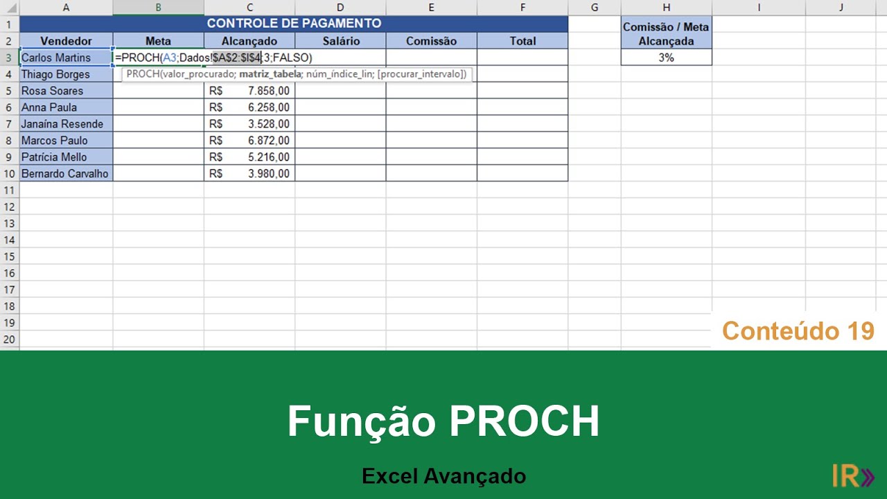 Função PROCH - Calculando Comissão