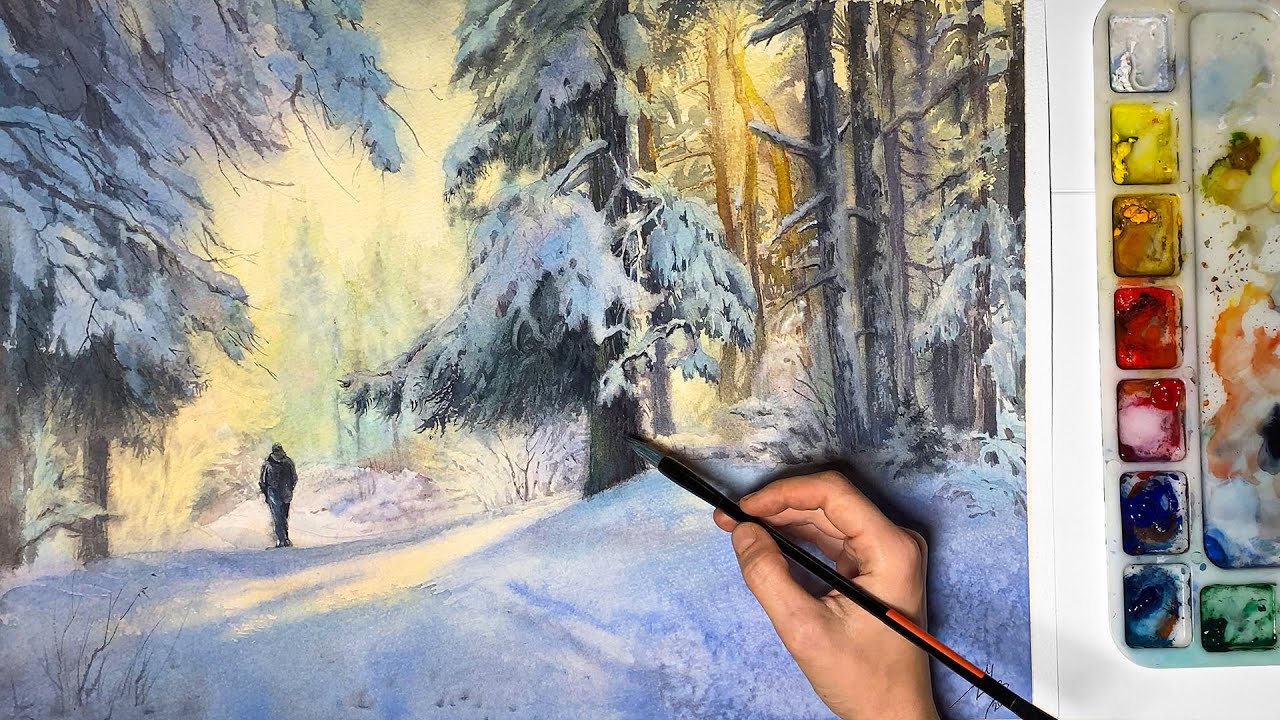 WINTER FOREST WATERCOLOR  PAINTING| How to paint snow scene in sunset rays