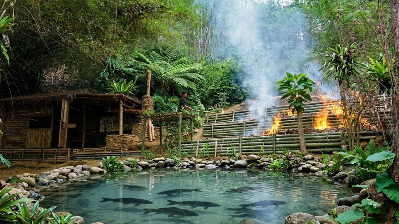 Time Lapse: Building a Bamboo Bushcraft Farm in the Forest &ndash; Fish Pond, Organic Garden.