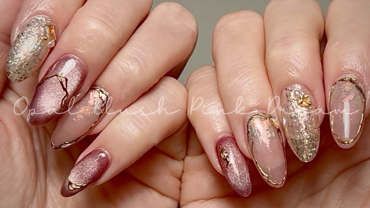 Chic Pink Opal Aurora Flake Nail Design with a Touch of Burgundy💅