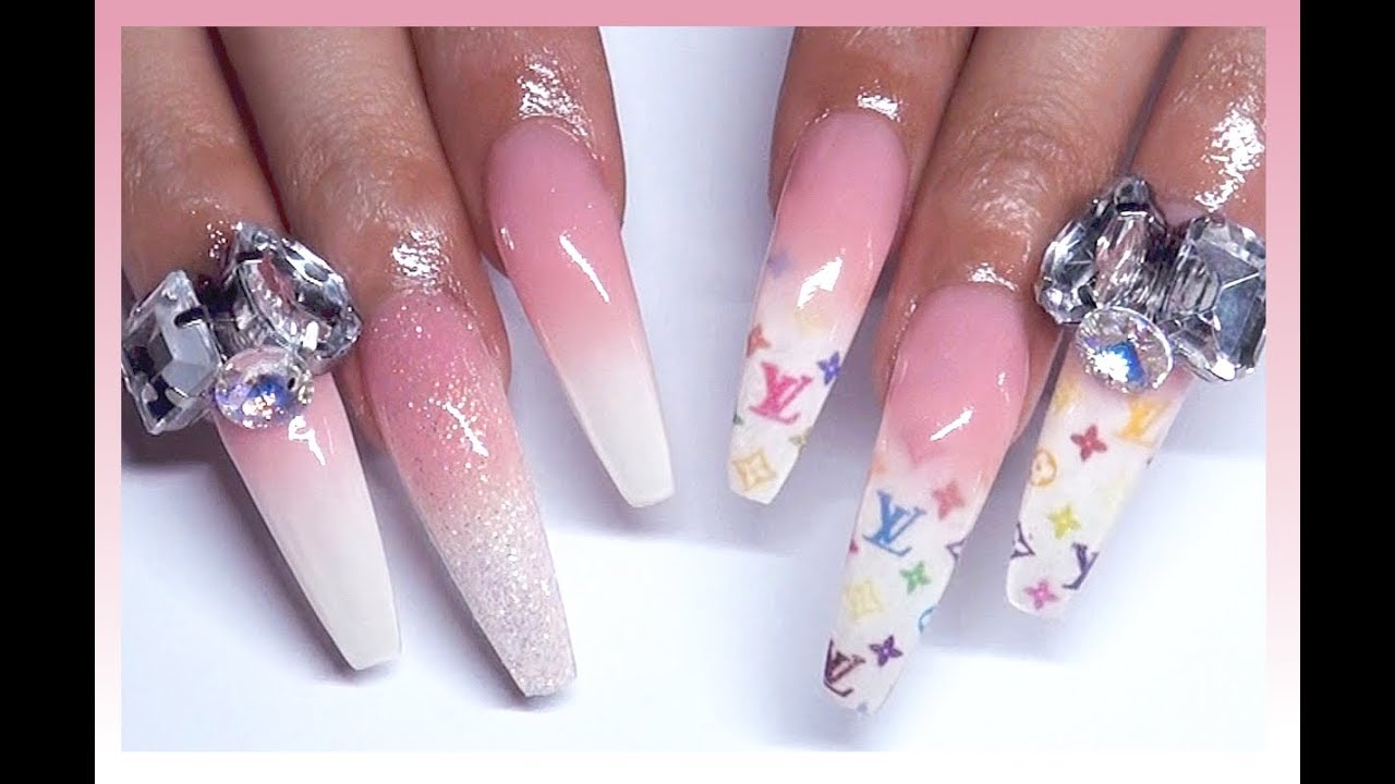 HOW TO: LV Monogram Baby Boomer Acrylic Full Set | Extreme Length, Bling, Glitter