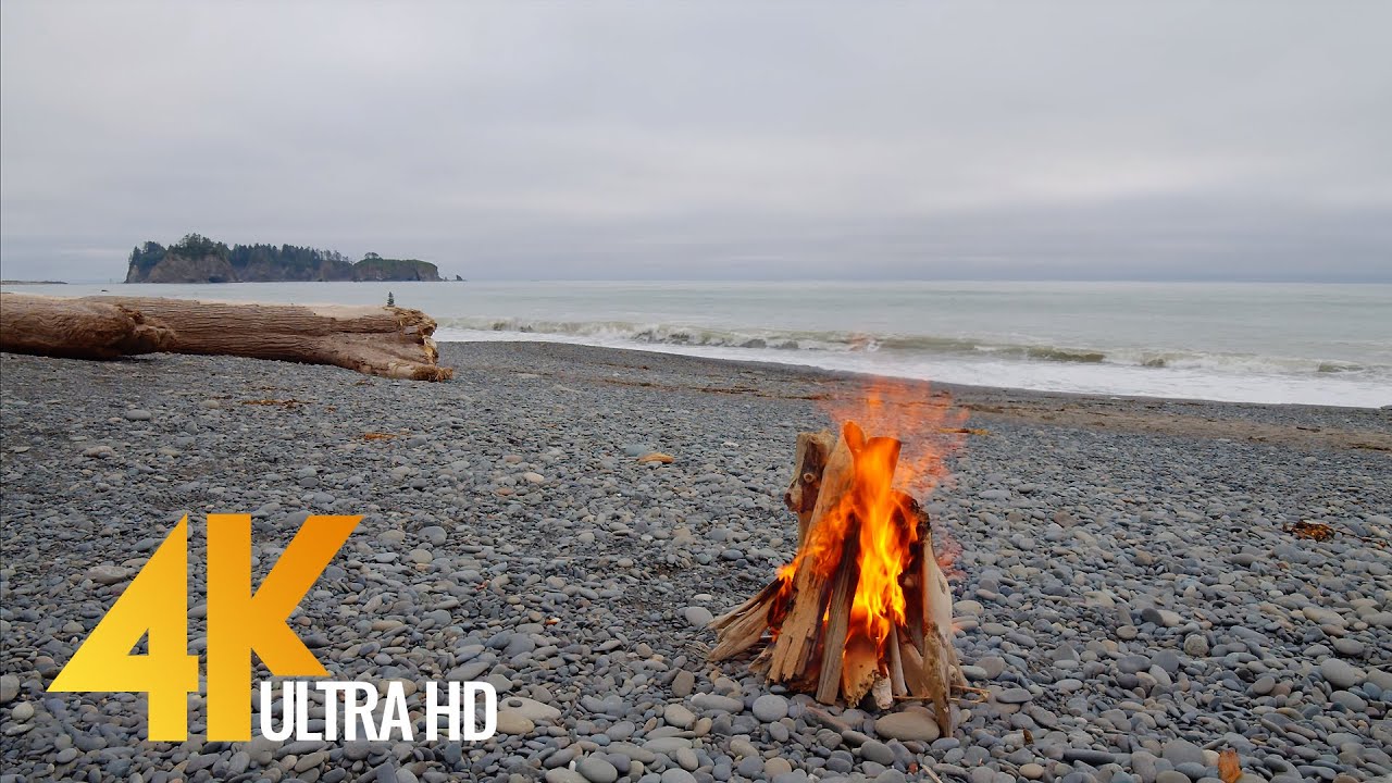 4 HOURS Campfire on Rialto Beach, Olympic National Park - 4K 10 bit Color Video