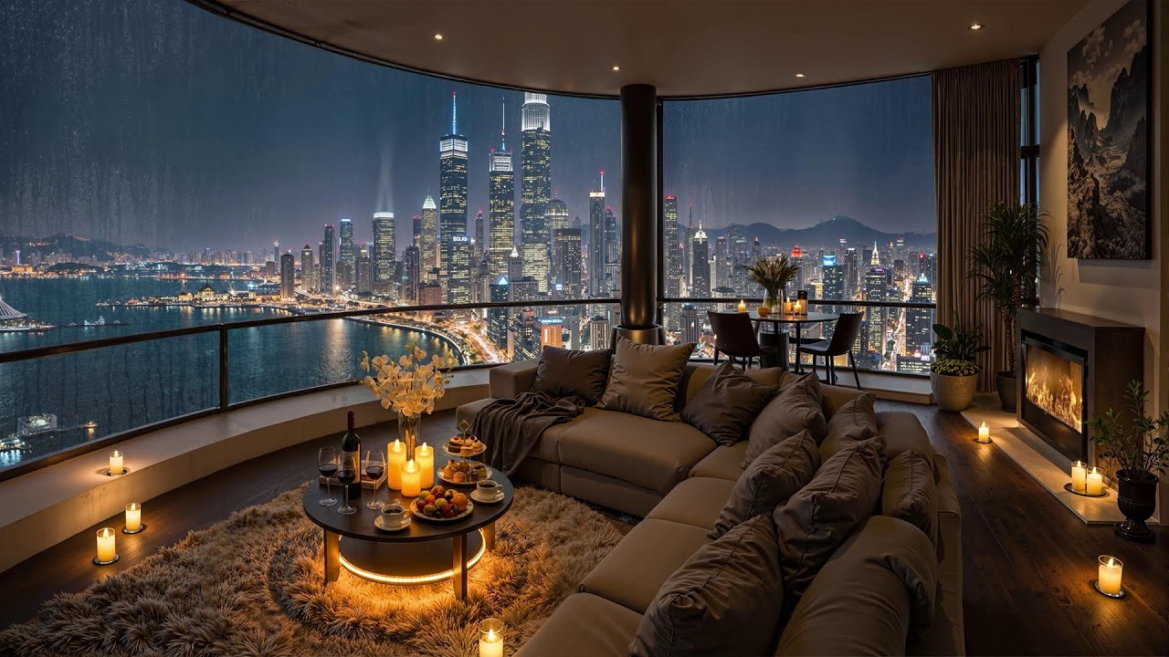 Rainy Night in Hong Kong 🌧️ Luxury Apartment Ambience with Soft Jazz Music for Peaceful Moments