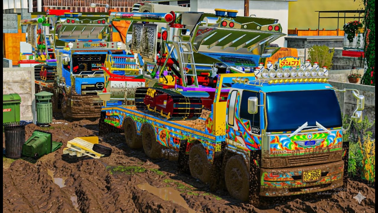 ขบวนทีมงานรถเกี่ยวออกลุยเกี่ยวข้าวแมพไทย20แปลง FARMING SIMULATOR 19