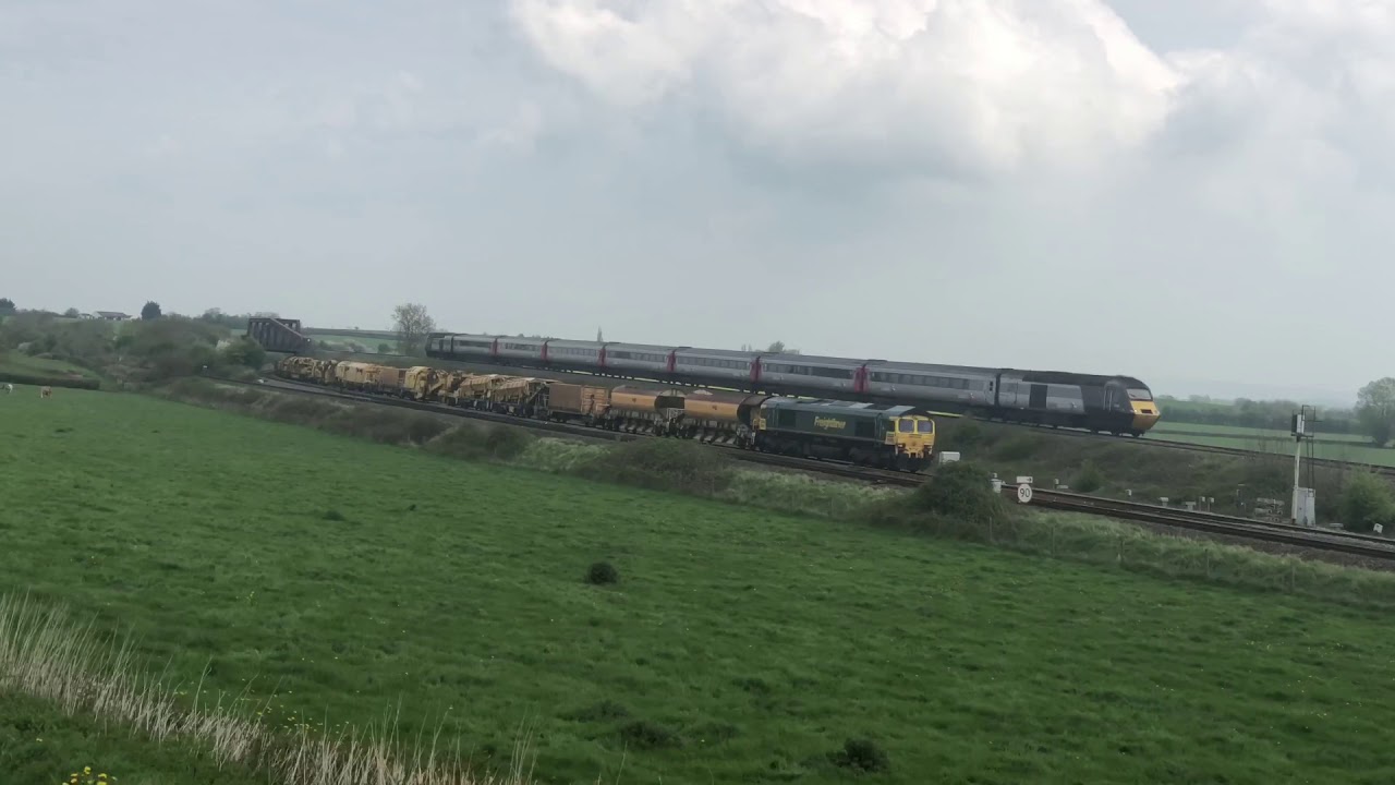 Freight trains, DMUs and  HSTs at Cogload Junction and Creech St Michaels foot crossing  22/4/18