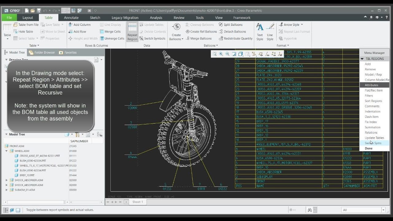 Creo Drawing tutorial: How to create the full list of an Assembly items