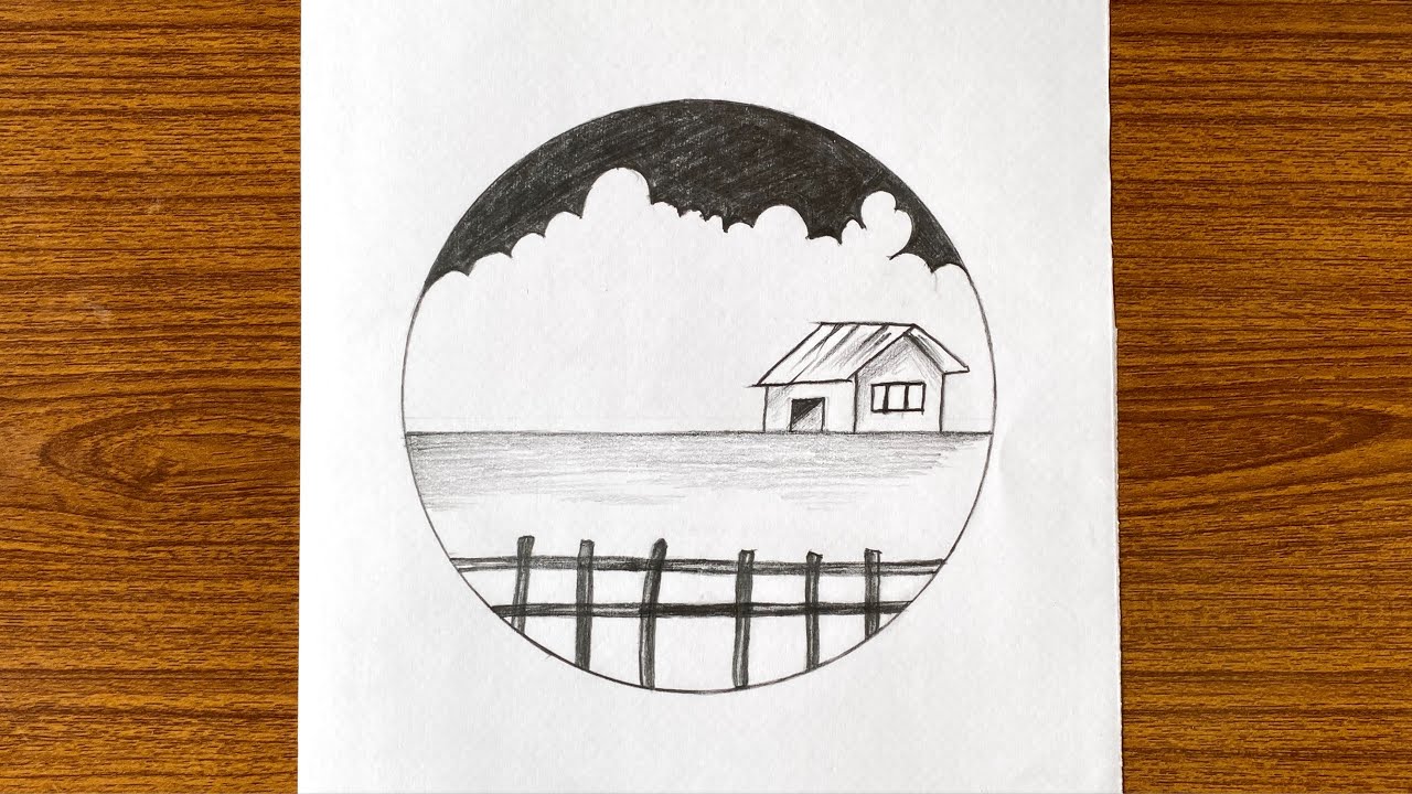 Super easy nature scenery drawing for beginners // Pencil drawing in a circle _ step by step