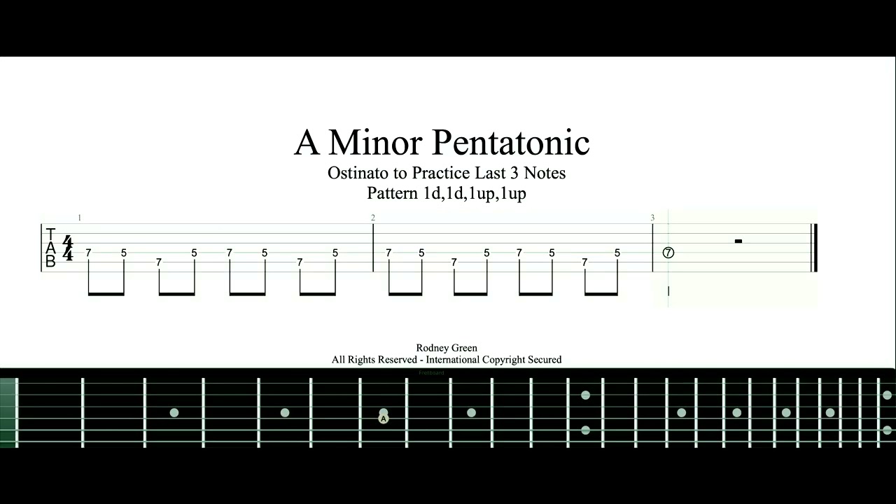 A Minor Pentatonic Ostinato to Practice Last 3 Notes Pattern 1d,1d,1up,1up