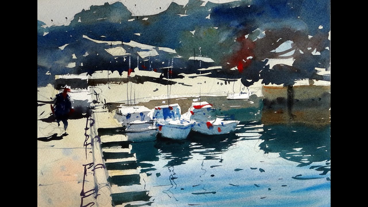 КАК РИСОВАТЬ ЛОДКИ АКВАРЕЛЬЮ — Сцена в гавани — легко для начинающих