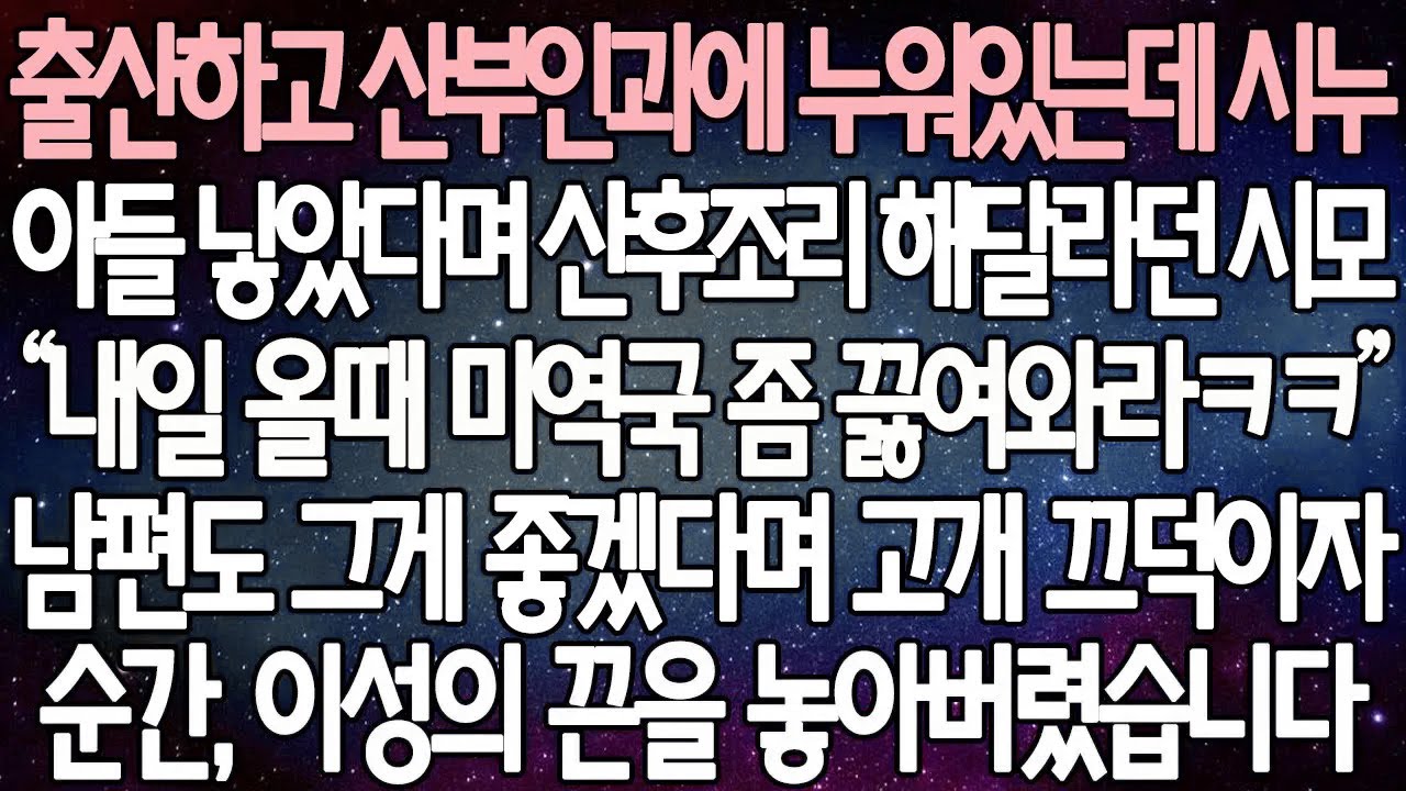 (반전 사연) 출산하고 산부인과에 누워있는데 시누 아들 낳았다며 산후조리 해달라던 시모 남편도 그게 좋겠다며 고개 끄덕이자 순간, 이성의 끈을 놓아버렸습니다/사이다사연/라디오드라마