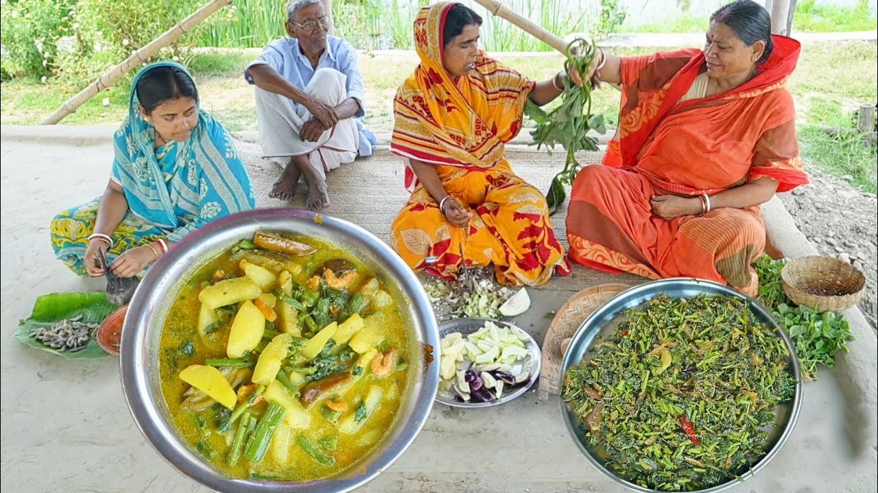 গরমে হালকা পাতলা চিংড়ি মাছ দিয়ে কুমড়ো শাকের ঝোল আর শাক ভাজা একদম গ্রামের রান্না ||village cooking