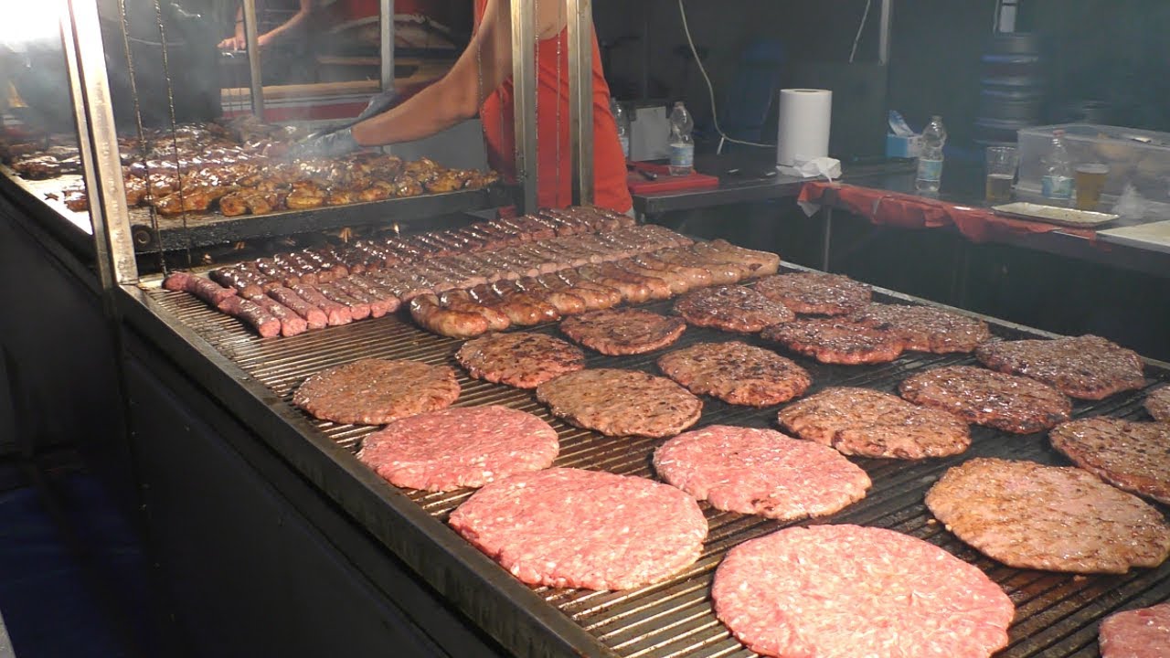 Best of Balkans Meat on Grill. Pljeskavica, Ćevapčići and Ražnjići. Street Food