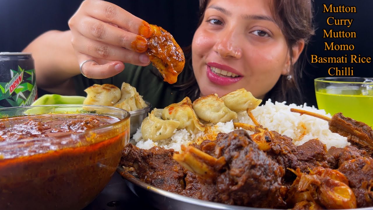 Eating Spicy🔥 Mutton Curry, Mutton Momo, Basmati Rice, Chilli | Mutton Curry With Rice Eating Show
