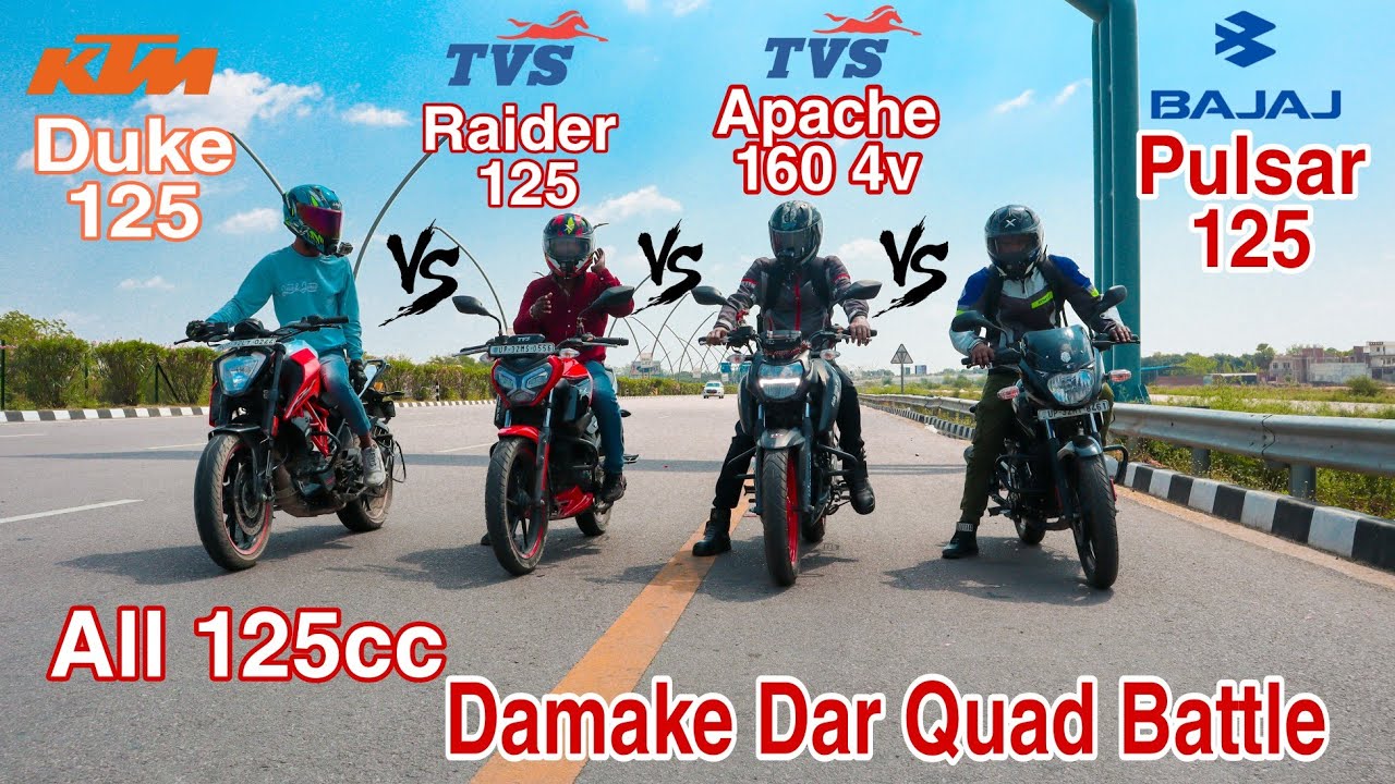 TVS Raider 125 Vs KTM Duke 125 Vs Pulsar 125 Vs TVS Apache 160 4v [ 125cc Quad Battle ] Ashish AKC
