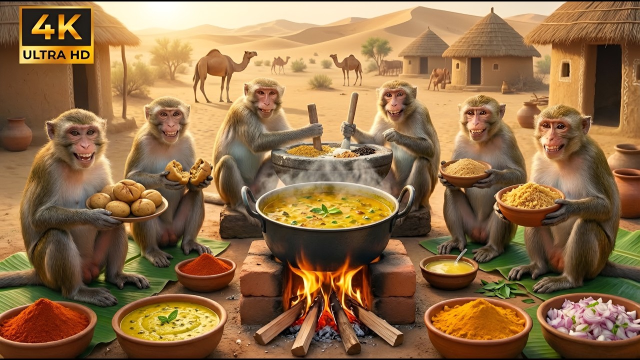 Monkeys Cooking Rajasthani Dal Baati Churma | Royal Desert Village Heritage Style