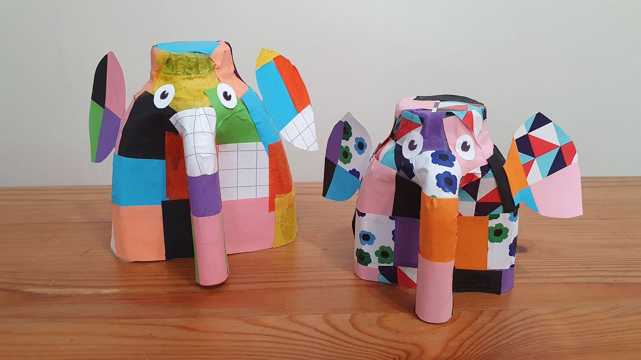Create Elmer the Elephant with a milk bottle and some coloured paper