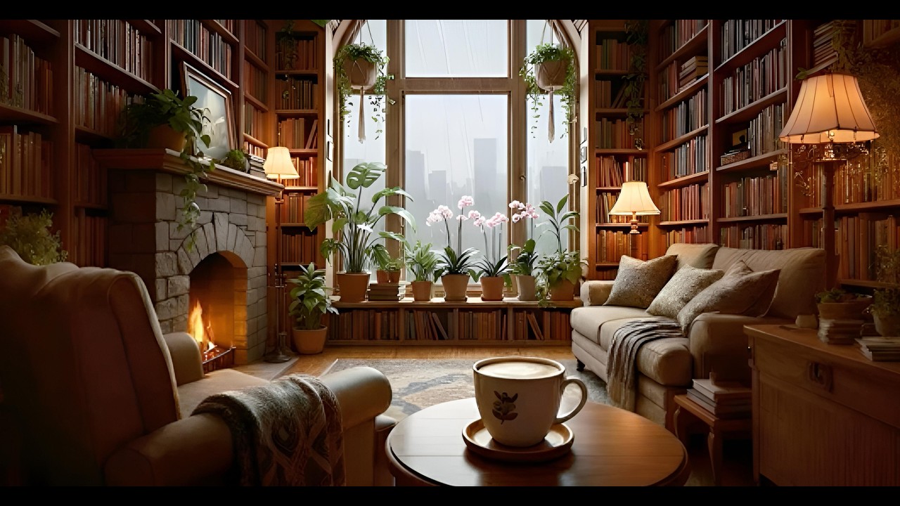 4K Cozy Rainy Library Lounge Ambience | Fireplace, Books & Calm Lo-Fi for Focus