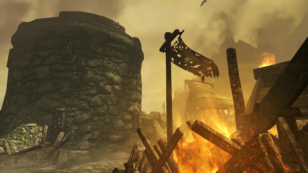 Skyrim - Helgen Attack Ambiance (dragon, fire, white noise, live wallpaper)
