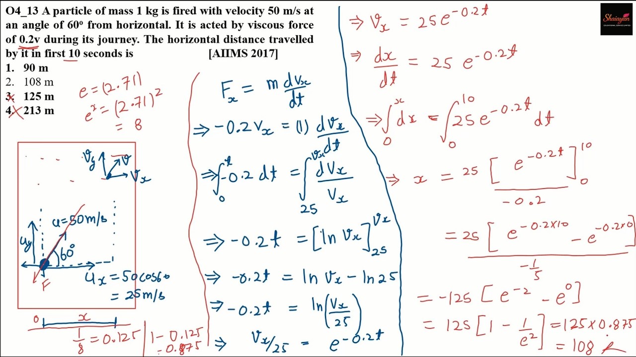 A particle of mass 1 kg is fired with velocity 50 m/s at an angle of 60o from horizontal. #jee #neet
