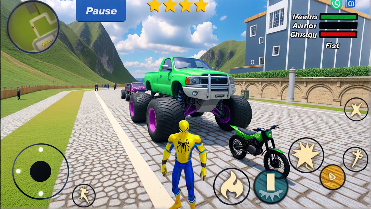 Spider Rope Hero Gangster Crime - Monster Truck and Bike Driving in Open World - Android Gameplay