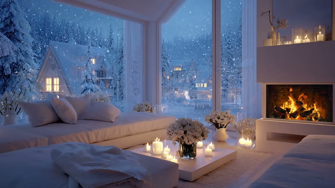 Snowfall Outside Cozy Winter Room Ambience & Piano Lounge | Deep Focus Study Music