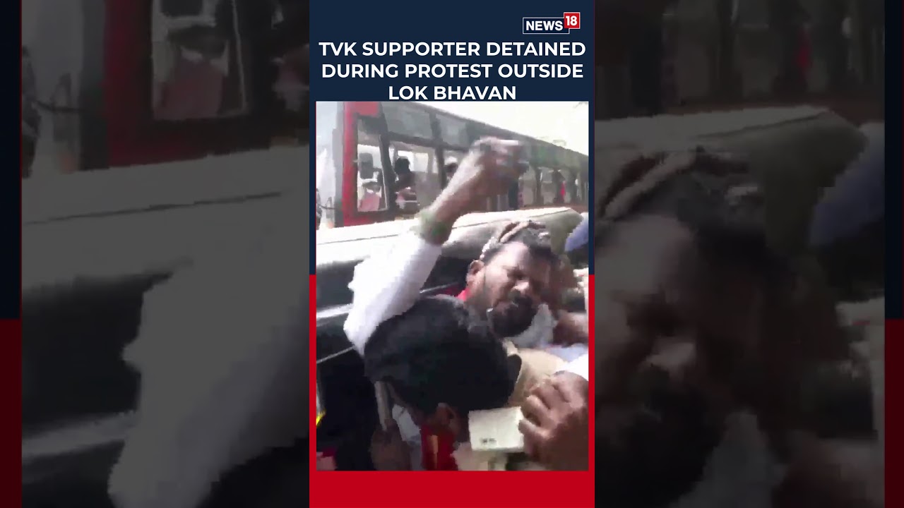 A supporter of Vijay protested outside Lok Bhavan in Chennai against Governor Arlekar | N18S