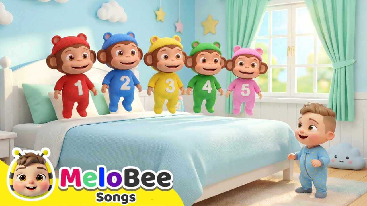 Five Little Monkeys Jumping on the Bed 🐵 Learn Counting & Colors | Nursery Rhymes | Melobee Songs