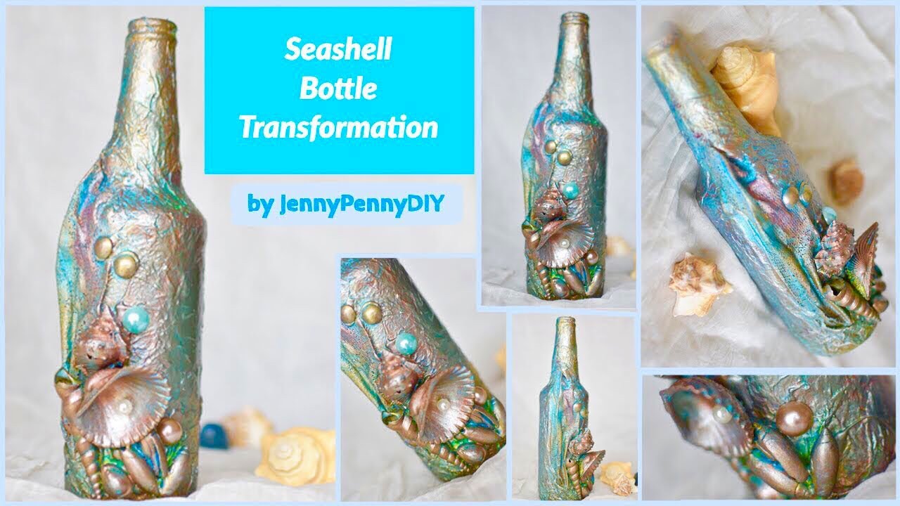 seashell bottle decoration|bottle art|bottle craft|bottle transformation|ideas|mixed media technique