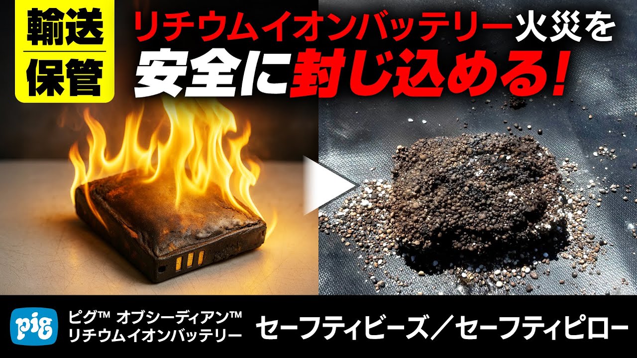 【新製品】リチウムイオンバッテリー火災に備える保管・輸送〈ピグ™ セーフティビーズ／セーフティピロー〉