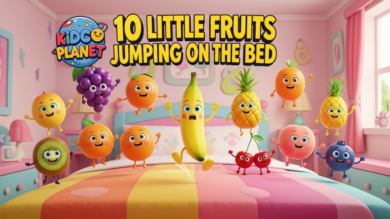 Ten Little Fruits Jumping On The Bed | Fruits Song | Learn Numbers With Fruits | Baby Songs
