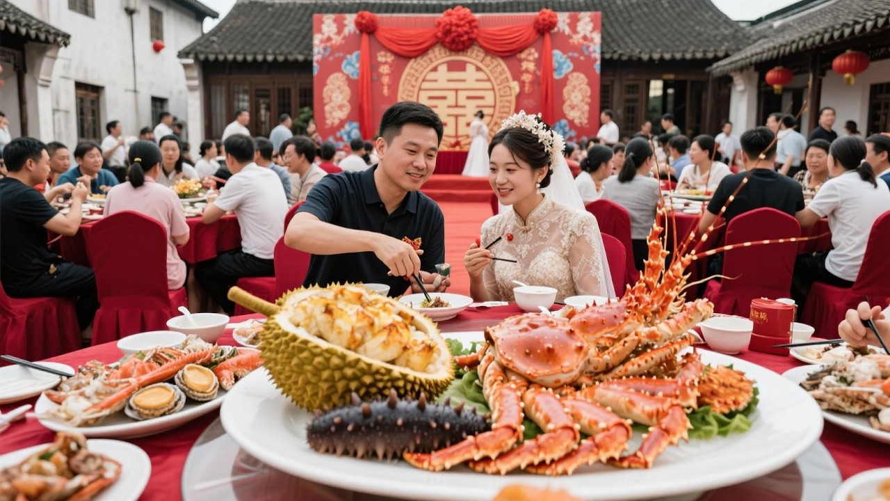 受邀参加浙江乌镇海鲜老板家的婚宴～烤榴莲 虾蛄皇 海参 帝王蟹 澳龙澳鲍 真的是海鲜开会哈哈！中式婚礼才是最美的❤️【我是忐忑妞】