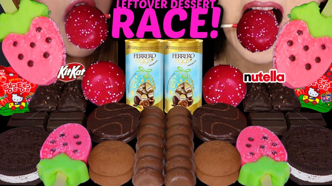 ASMR LEFTOVER DESSERT RACE! STRAWBERRY CAKE POPS, FERRERO EGGS, MILKA CHOCOLATE, OREO SANDWICH 먹방