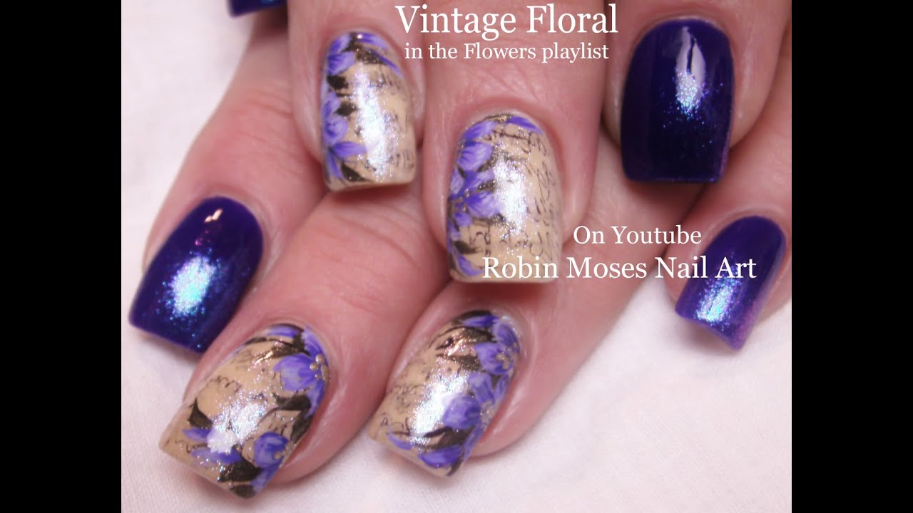 Vintage Navy Nail Art Design Tutorial with Purple Antique Flowers