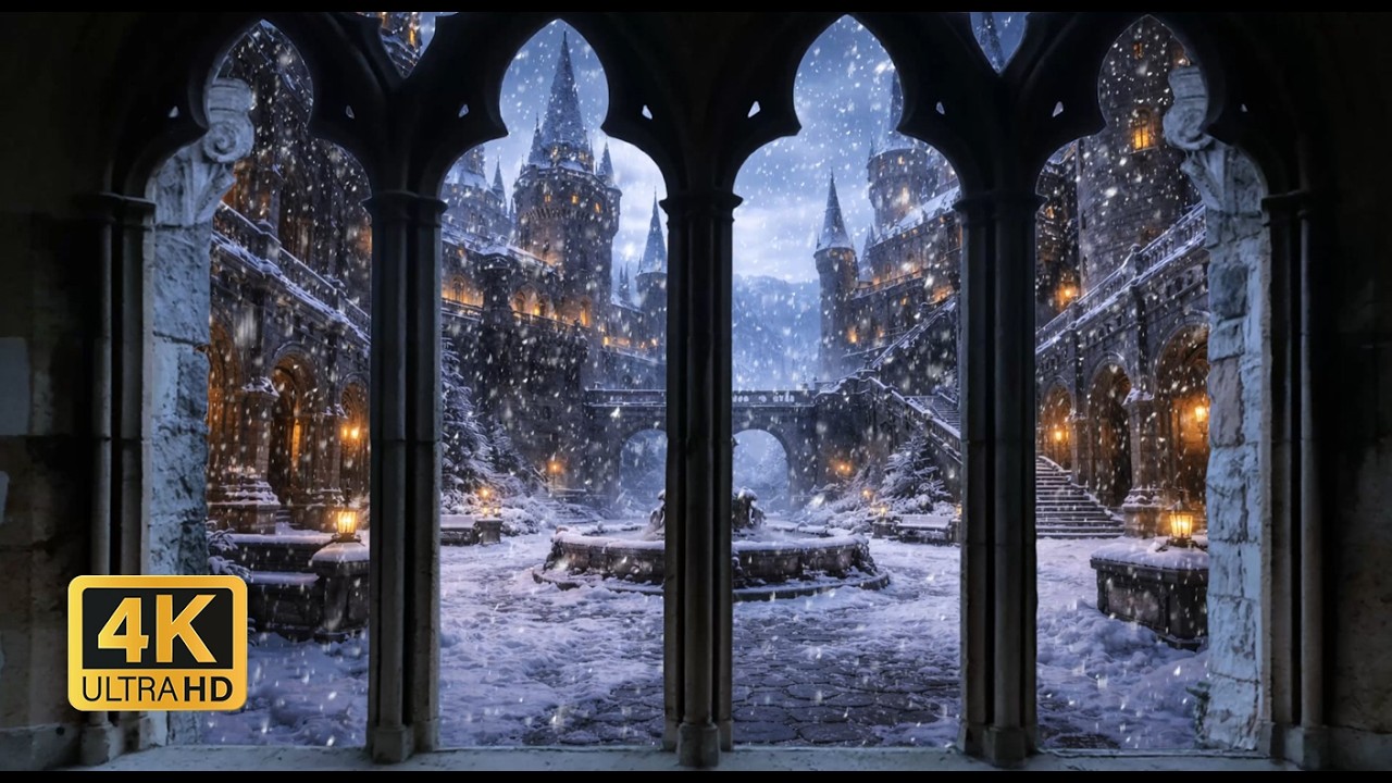 AMBIENCE VIDEO 4K Harry Potter Winter Window View - Hogwarts for Sleep, Sound of Snow, Wind
