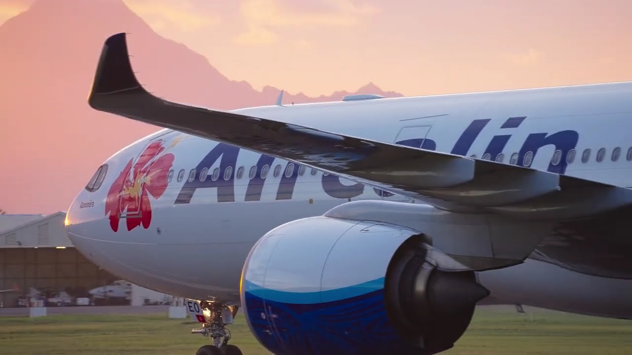 Aircalin Airbus A330neo F-ONEO landing in Tahiti at sunset. 02/19/2026