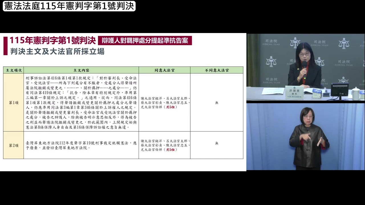 憲法法庭115年憲判字第1號判決【辯護人對羈押處分提起準抗告案】記者會(1150102)