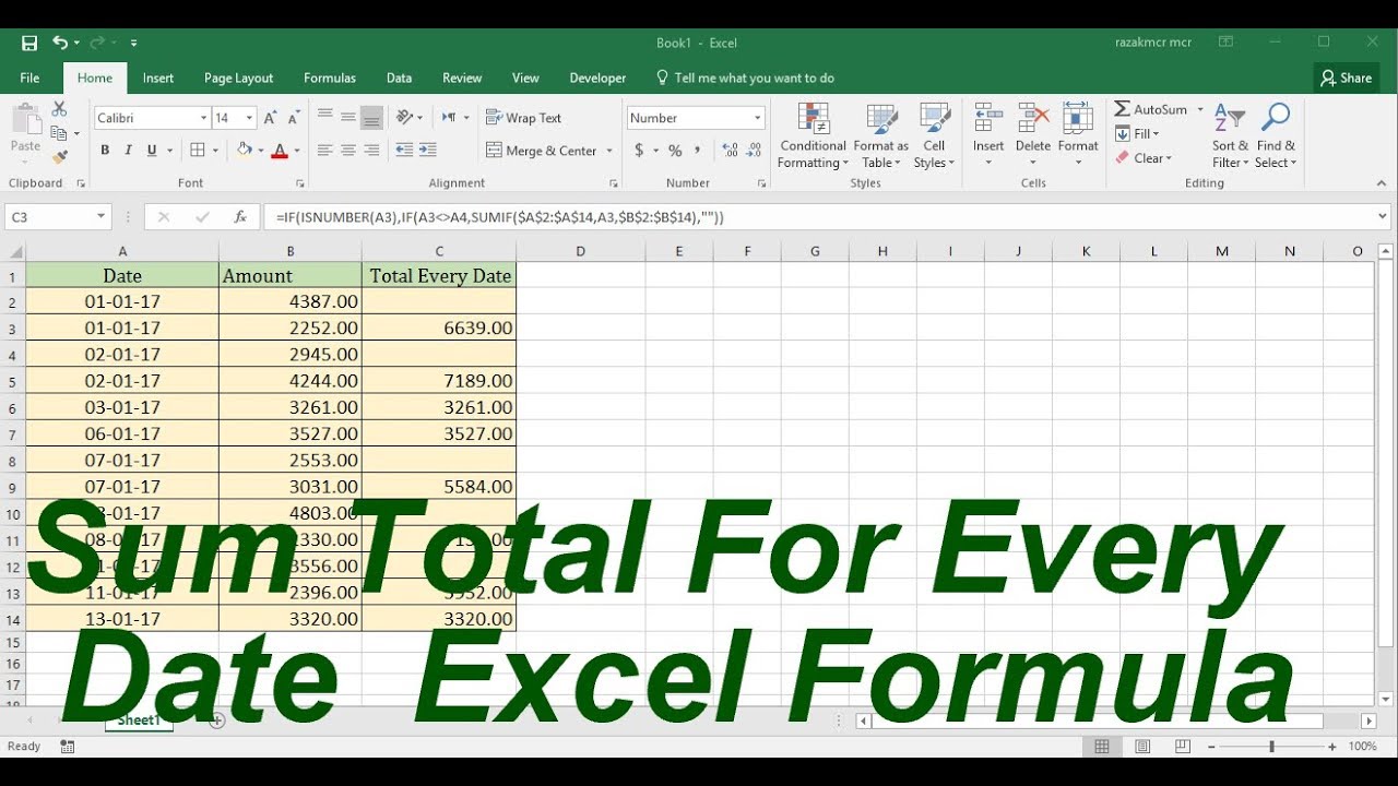 Sum Total Every Date Without Repetition Excel Formula